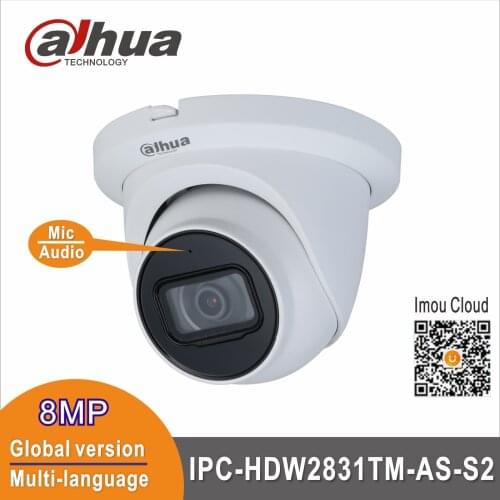 Free shipping Dahua IPC-HDW2831TM-AS-S2 8MP POE Built-in Mic & SD Card Slot H.265 IR 30M IVS WDR Onvif IP67 Starlight IP Camera