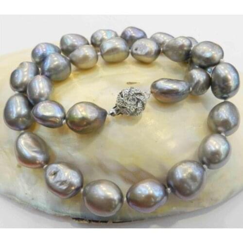 LARGE 11-13MM SILVER GRAY REAL BAROQUE CULTURED PEARL NECKLACE CRYSTAL AA