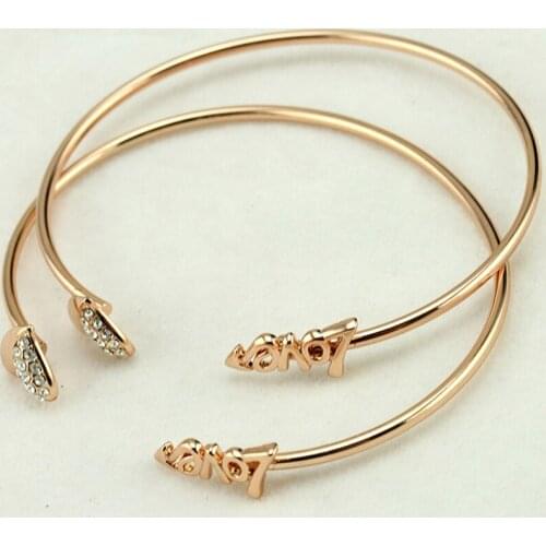 Half Bling Crystal Heart Word "Love" Opening Adjustable Metallic Golden Silver Plated Bracelets & Bangles