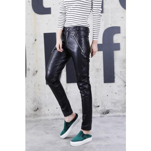 New lady slimming natural leather trousers for women small leg trousers pencil trousers sheep skin high waist slacks