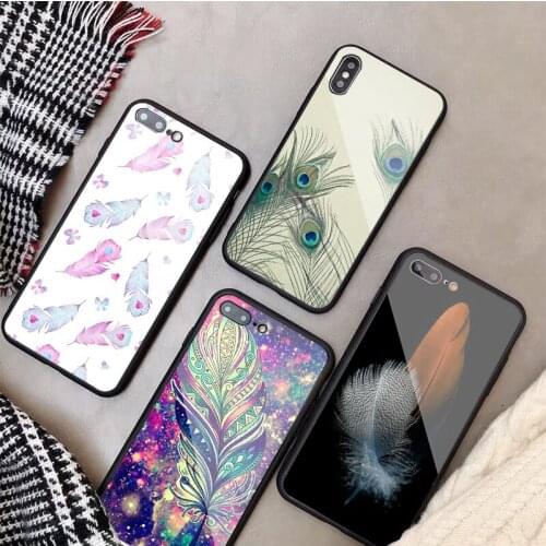 Capa Feather Tempered Glass Phone Case For iphone 12 11 Pro Max 5 6 7 8 PLUS X XS XR XSMax Shell