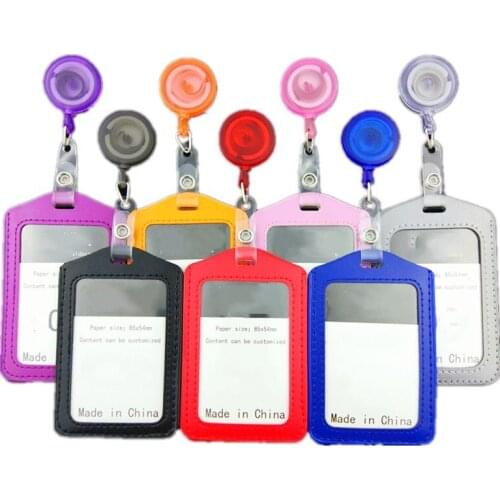 1set PU Leather Badge Holder with Retractable Frosted Badge Reel Name Tag ID Card Holder Case Protective Sleeve Business Supply