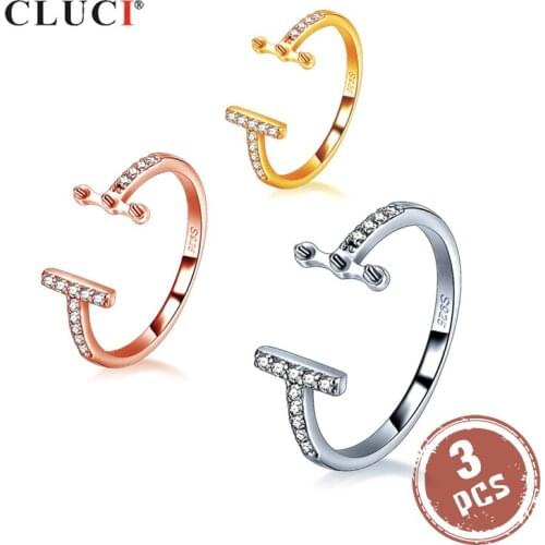 CLUCI 3pcs 925 Sterling Silver Adjustable Zircon Open Rings for Women Real Silver 925 Pearl Ring Mounting Gift Jewelry SR2238SB