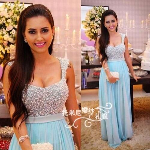Blue chiffon long Prom Dresses vestidos 2015 new style pearls Floor Length party Evening gown woman Custom Made summer dress