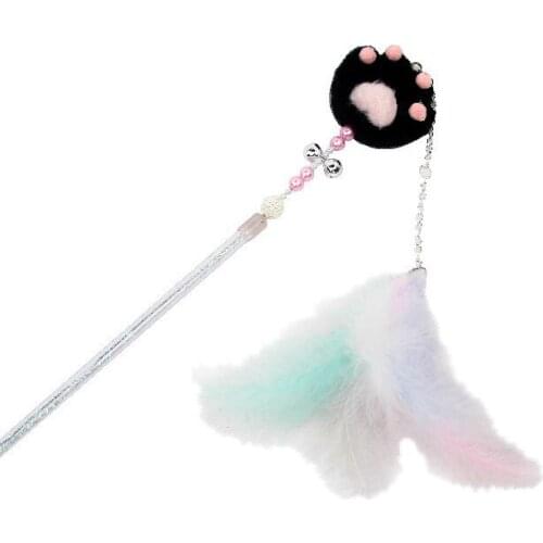 Faux Feather Cat Teaser Wand Pom Fairy Bell Kitten Teaser Toy Cat Interactive Toy Plastic Kitten Tassel Stick Pet Supplies