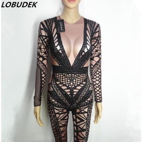 Black Crystals Jumpsuits Female DJ DS show costumes performance Singer Dancer Nightclub stage wear Rhinestones Leotard Jumpsuit
