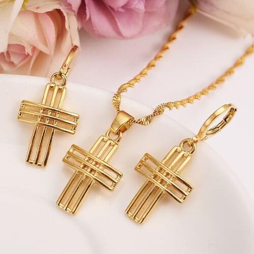 Fashion three-dimensional line Necklace Earring Set Women Party Gift Yellow Gold G/F cross pendant Jewelry Sets