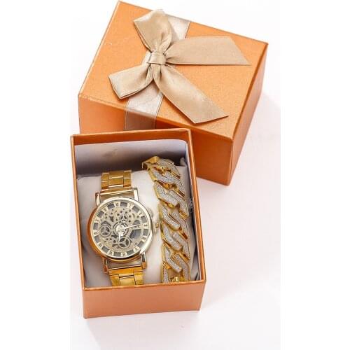 XSVO Mens And Womens Watch Gift Set Hip Hop Cuban Bracelet + Steel Band Quartz Watches Casual Fashion Couple Wristwatches