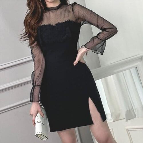 New arrival korean fashion springr mini party dress women OL temperament sexy perspective lace mesh black split bodycon dress