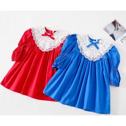 2020 Autumn New Product Retro Palace Style Girl Doll Collar Solid Color Lace Edge Cute Temperament Party Dress Comfortable Dress