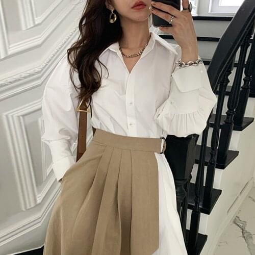 White Shirt Dress Women Long Sleeve Irregular Korean Style Midi Vestidos with Cummerbund 2021 Spring Pleated Tunic Dresses XC108
