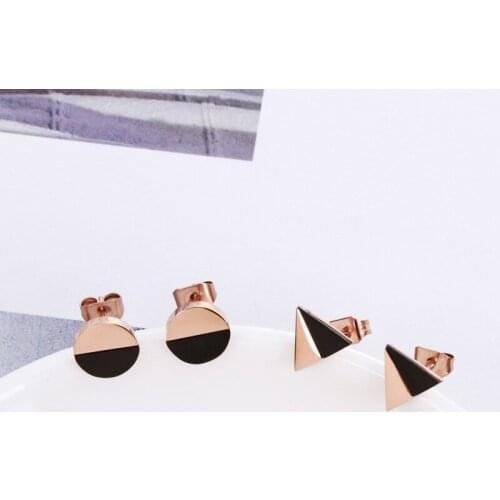 Rose gold color stainless steel stud earrings men women lovers earings, fashion half round black triangle earrings jewelry
