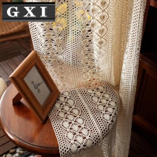 GXI American Country Cotton Hemp Balcony Window Finished Curtain Retro Beige Crochet Lace Hollow Tulle Living Room Drape