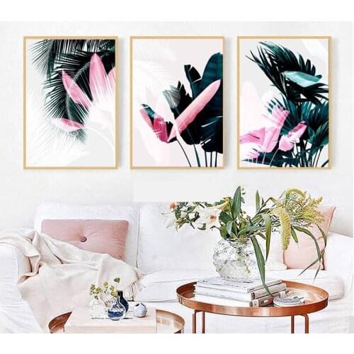 Nordic Green Pink Leaf Canvas Prints Art Abstract Plant Canvas Pictures For Living Room Decoration Home Wall Art Unframed
