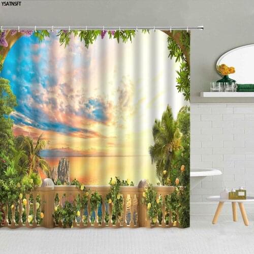 Tropical Plants Flowers Sunset Shower Curtain Natural Scenery Beach Ocean Shells Fabric Bathroom Supplies Cloth Curtains Decor