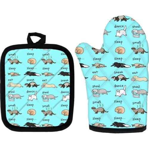 Kitchen Oven Mitts Non-Slip Glove Insulation Mat Cute Animal Ferret Print Heat Resistant Cooking Gloves and Pad Wholesale