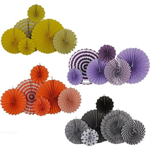 Halloween Party Favor Black Yellow Orange Purple Set 6PCS Mixed Size Folding Paper Fan EID New Year Decor Hanging Paper Crafts