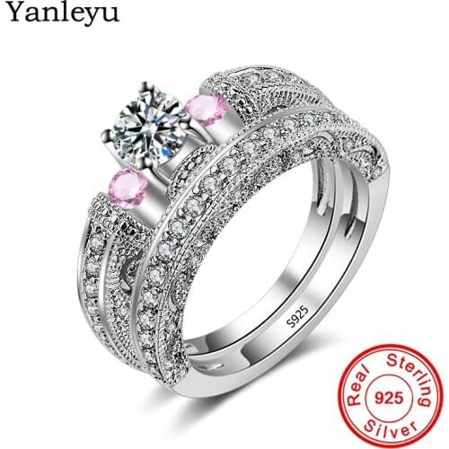 Yanleyu Elegant Wedding Engagement Rings Set 2 PCS 925 Sterling Silver Round Pink Cubic Zircon Stone Ring Fine Jewelry PR176
