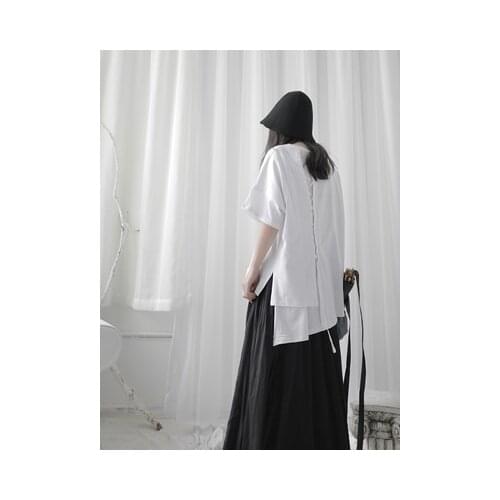 Loose Women White Bandage Asymmetrical Big Size T-shirt Round Neck Short Sleeve Fashion Tide Spring Summer 2020 YQAA