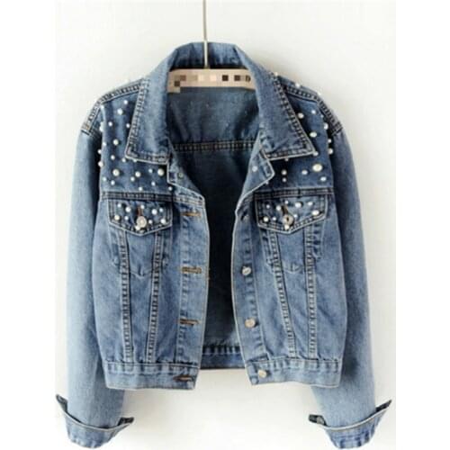 2021 Fast Delivery New Summer Fashion Women’s Denim Jacket Full Sleeve Loose Button Pearls Short Lapel Wild Leisure