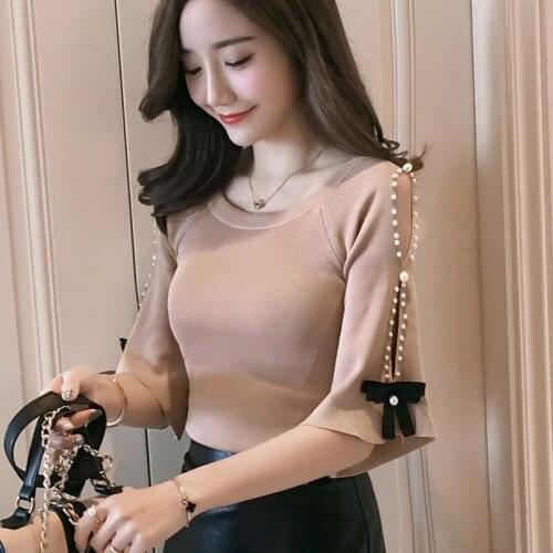 Round Neck Sweater Female qi fen xiu Autumn New Korean Version of the off-the-Shoulder Bottoming Shirt Bow Beaded Slim Shirt