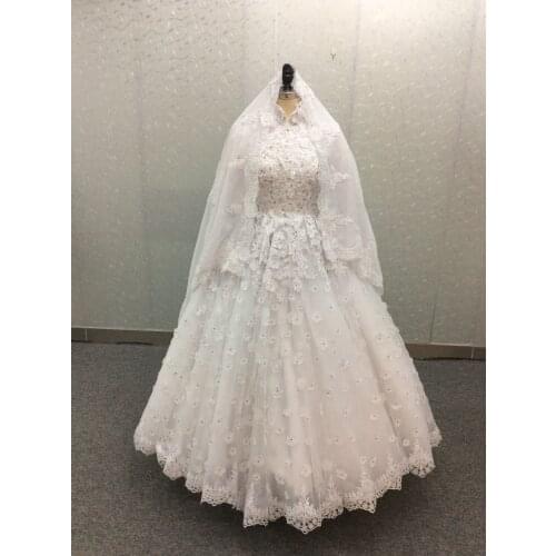 Long High Neck Muslim Wedding Dresses with Sleeves Lace Up Back Floor Length Vestidos de Novia Abendkleid Bridal Gowns for Women