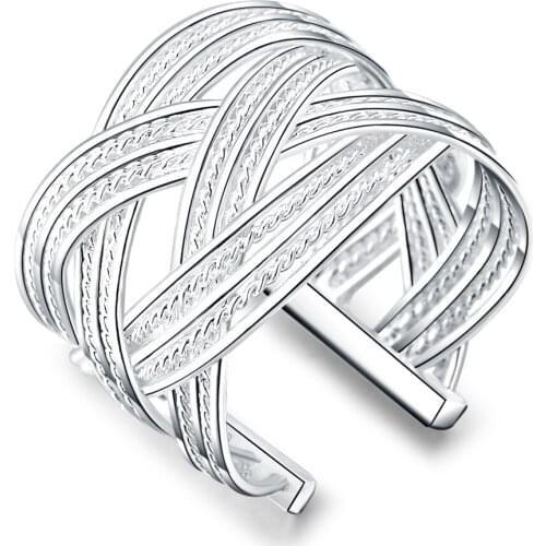 New 925 Silver Weave Open Adjustable Ring For Women Fashion Jewelry