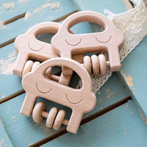 1pc Baby Rattle Natural Beech Wooden Teethers Cartoon Smiley Face Montessori Toys Educational Baby Wood Rattles