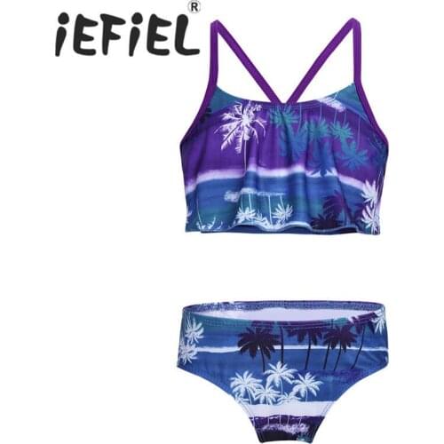 2PCS Kids Girls Tankini Bikini Outfits Tropical Palm Printed Flounce Tops Swimsuit Swimwear Bathing Suit Set Tops with Bottoms
