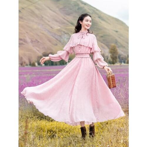 Free Shipping 2020 New Fashion Women Chiffon Long Maxi Long Lantern Sleeve Dress Summer Boshow Bohemian Flowers Print Dress S-L