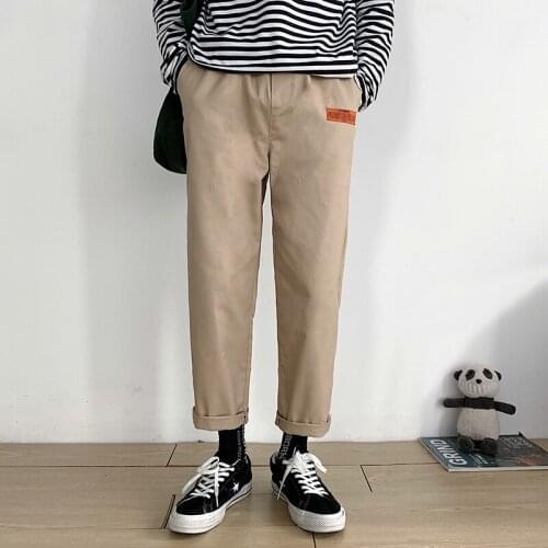 2020 Spring Summer Mens Casual Pants Cotton Straight Solid Ankle-Length Trousers Male Patches Khaki Black Green Fashion Pants