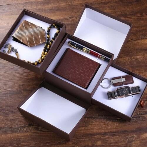 Mens Beautifully Packed Gift Box Watches Quartz Wrist Watch Rosary Bracelet Keychain Wallet Tie Pen Combination Gifts 6Pcs Set