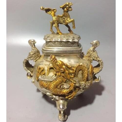 Chinese Copper Carving Animal Statue God Beast Kylin Unicorn Dragon Incense Burner Censer Wealth Fengshui Decoration