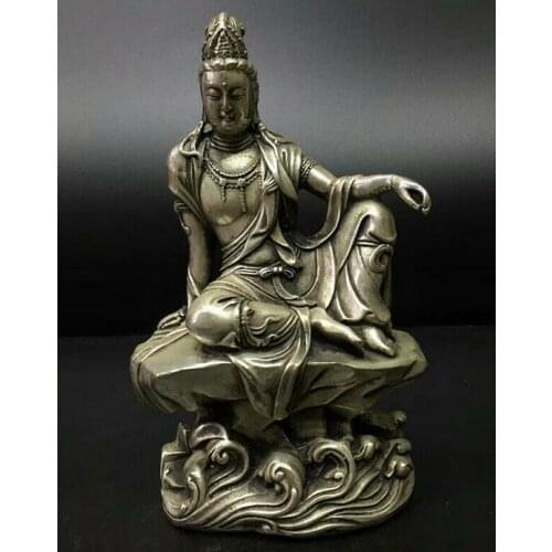Chinese Old Tibet silver Hand carved Bodhisattva Guanyin statue w Qianlong Mark