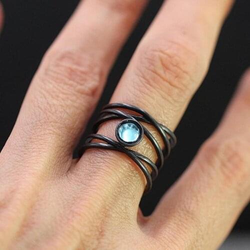 Charm Male Female White Round Moonstone Ring Boho 14KT Black Gold Wedding Rings For Men Women Punk Hollow Cross Engagement Ring