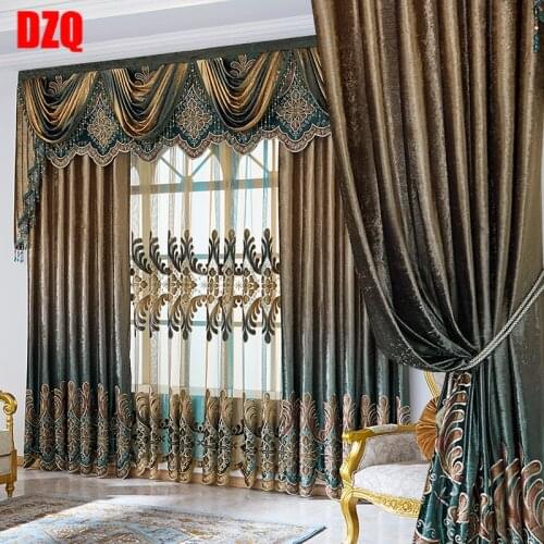 Curtain Set European Luxury Curtains with Valance for Living Room Curtain Set Bronzing Blue Curtains for Living Room