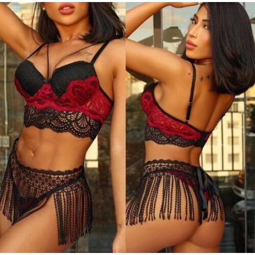 Summer Lace Floral Exotic Sets 3PCS/2PCS Womens Sexy Bra Brief Set for Honeymoon 2020 New Ladies Lace Hollow Out Lingerie Set