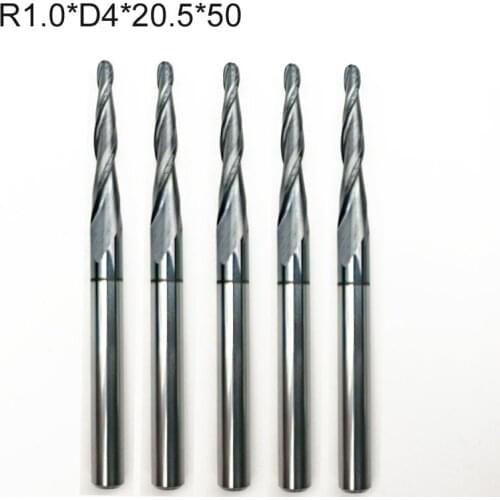 10pcs R1.0 x4mmx50L shank 4mm 2 flutes Tungsten solid carbide Coated Tapered Ball Nose End Mills taper and cone wood endmills
