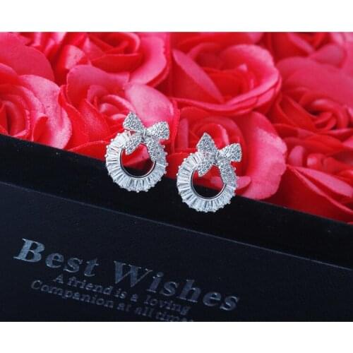 Cute Bowknot Rose Gold Silver Color Stud Earrings with Zircon Stone Fashion Jewelry S925 Cute Korean Earrings