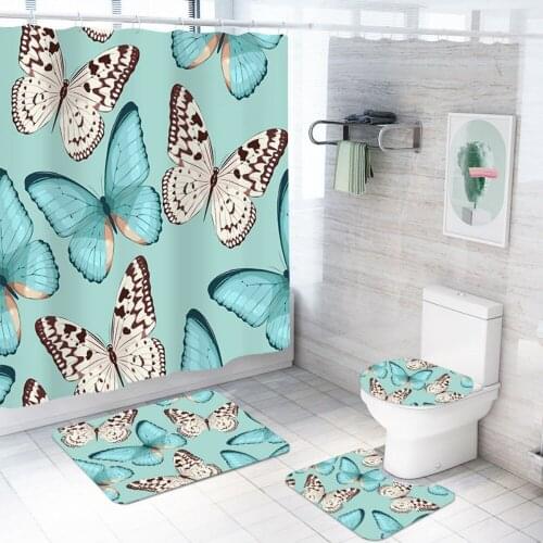 Fashion High Quality Shower Curtain Set Nonslip Mat Toilet Cover Butterfly Print Bath Curtain Polyester Waterproof Insect Series