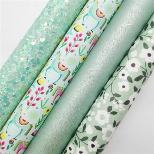 Mint Glitter leather, Horses Flowers Printed synthetic leather, Pearlized Faux Leather Sheets For Bows DIY 21x29CM KM770