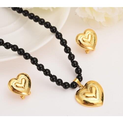 Fashion Gold Dubai Romantic Heart beads Pendant Necklace Earrings Sets Wedding gold PNG Jewelry Sets for women bridal girl gift