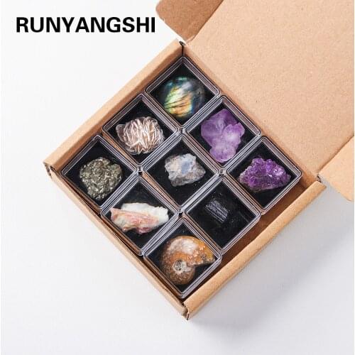 9PCS/SET Natural Crystal Rough Quartz Amethyst cluster Health energy stone mineral specimen collection gift box