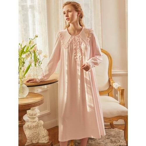 Nightgown Sleepwear Cotton Long Sleeve Autumn Night Gown Elegant Women Pink White