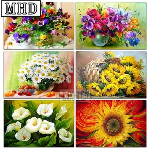 New 5D Diamond Painting Sun Flower Square Lily Chrysanthemum 3D Diamond Embroidery Rhinestone Resin Diamond Mosaic Flower