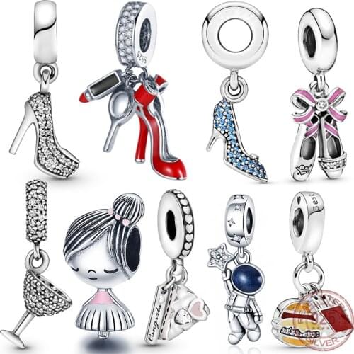 925 Sterling Silver Blue Elegant White Zircon High Heels Charm Fit Original 3mm Bracelet&Bangle Making Fashion DIY Jewelry