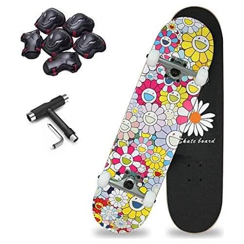 Skateboard 31"X8", 7-Layer Imported Maple Skateboard Double Rocker Type ABEC-7 Bearings, with Protective Gear and T Tools