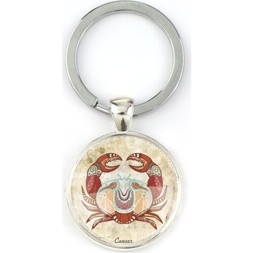 Interchangeable Vintage Metal 12 Constellation Glass Cabochon Blank Setting Keychains Key Ring DIY Personalized Jewelry Finding