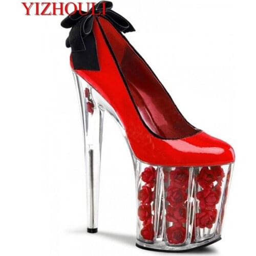 20cm rose flowers Platform wedding shoes thick sole Crystal shoes 8 inch bows High Heel Shoe Fetish dress Pumps