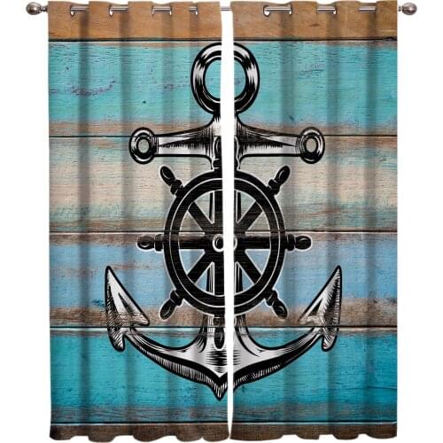 Retro Wood With Anchor Nautical Style Window Treatments Curtains Valance Bedroom Indoor Fabric Curtain Panels With Grommets